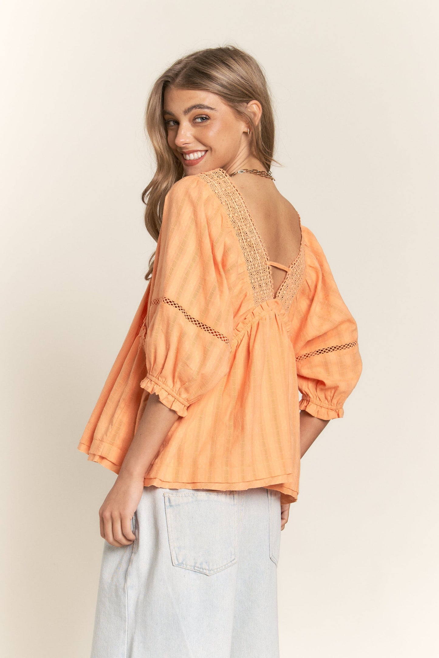 Lace V-Neck Ruffle Blouse - Melon Orange