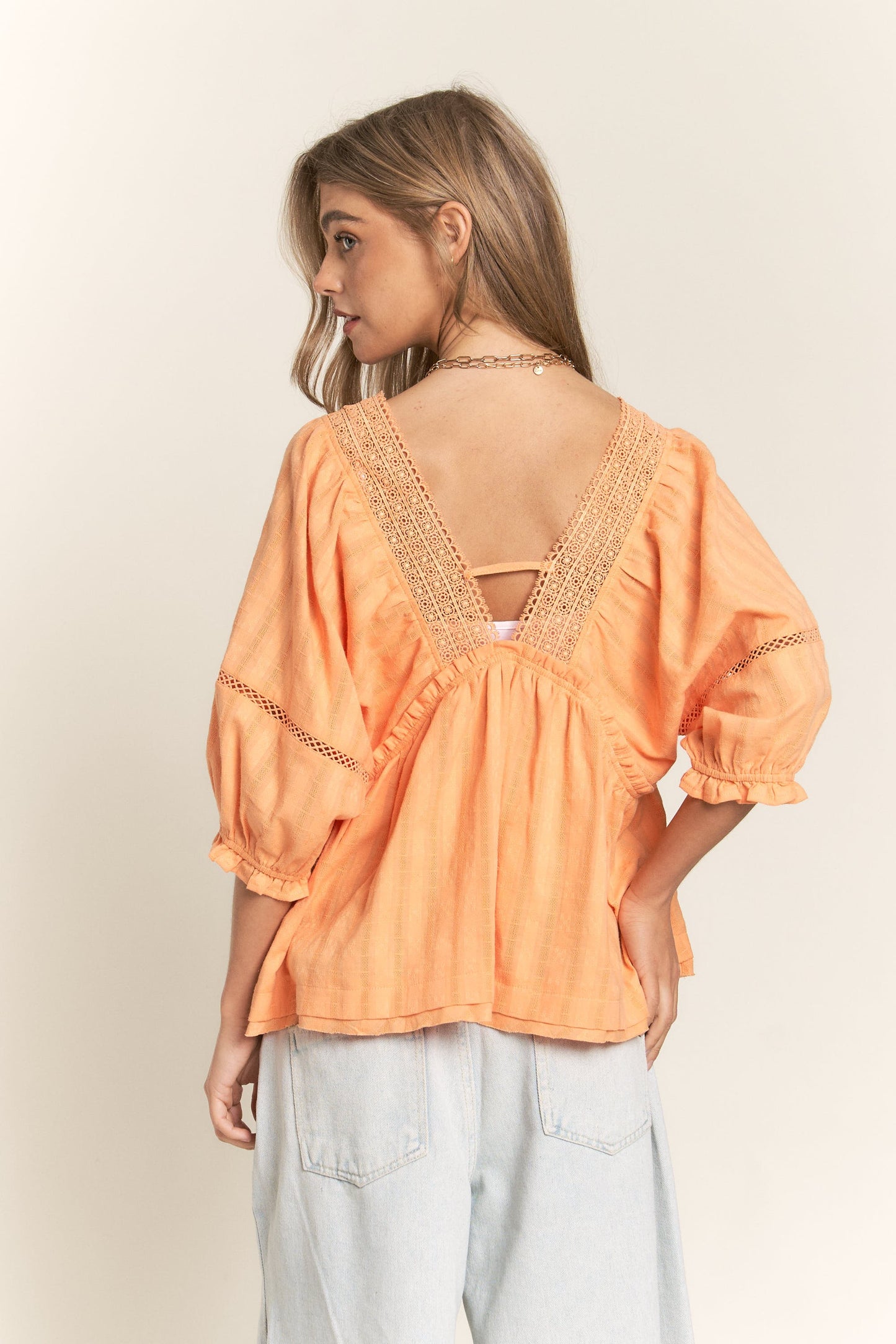 Lace V-Neck Ruffle Blouse - Melon Orange