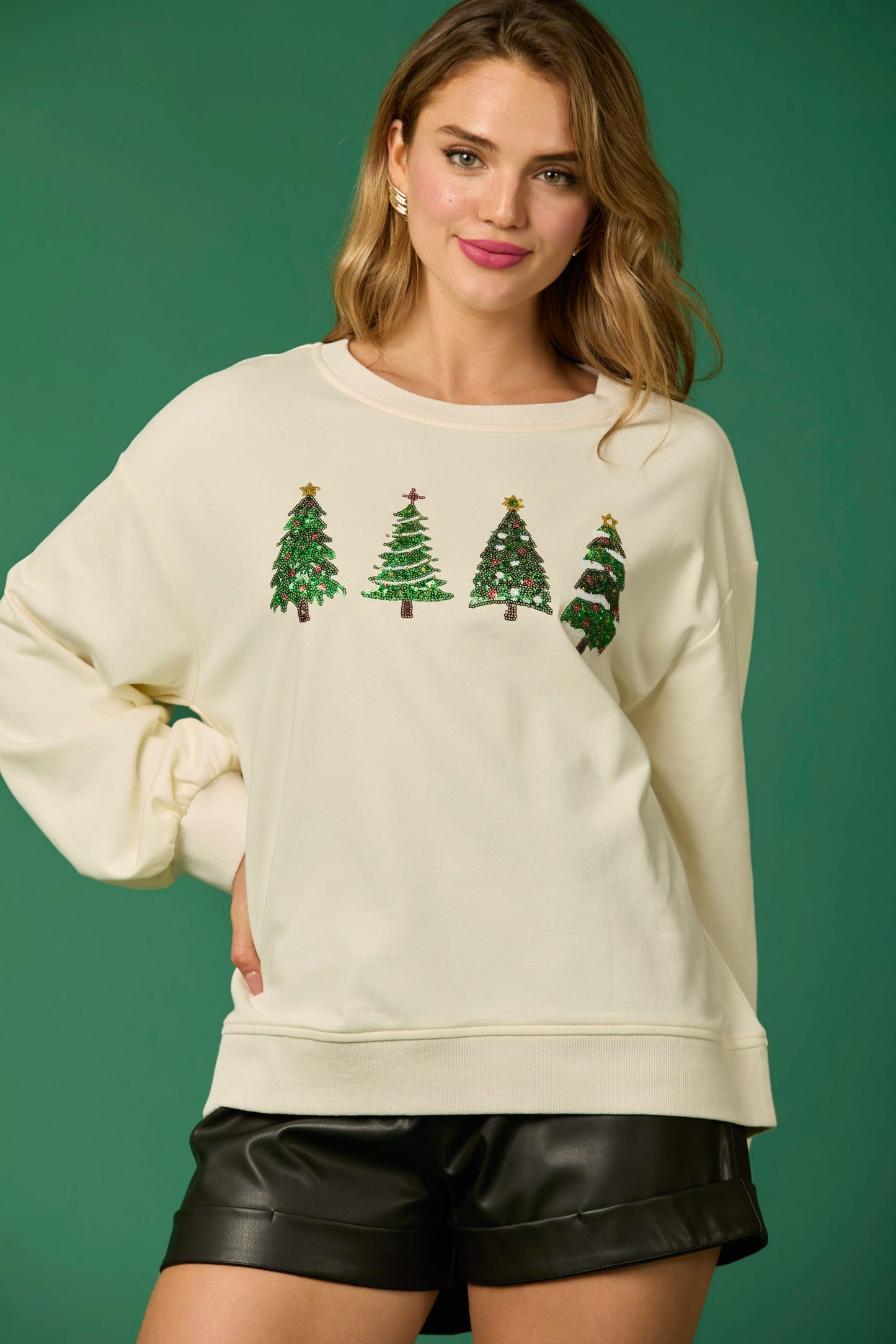 Sequin Christmas Pines Sweater - Cream
